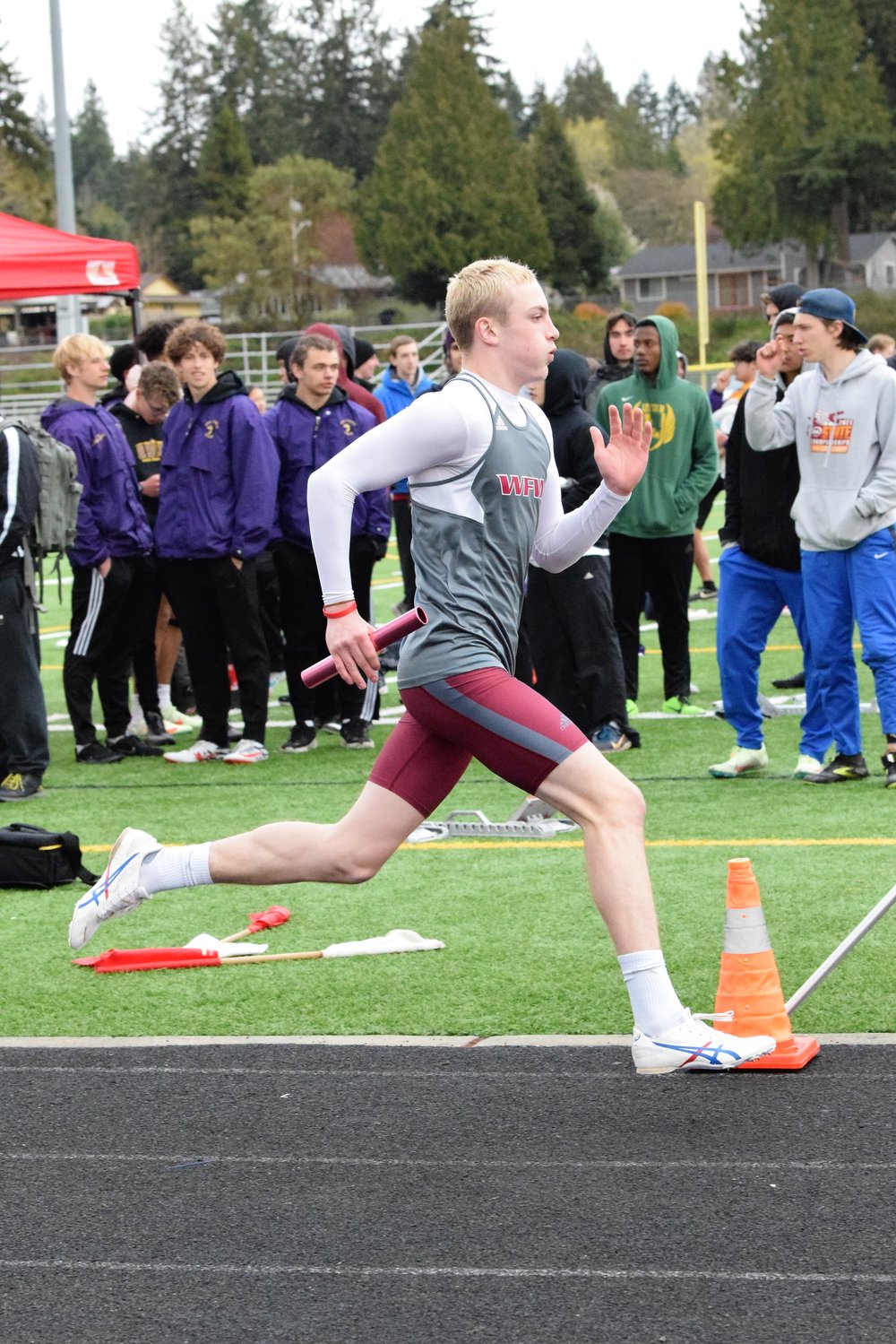W.F. West's Lucas Hoff runs in a relay at the Lil Norway Invite April 16.